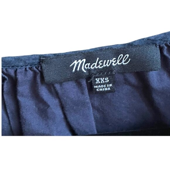 Madewell Size XXS Navy Blue Cotton Silk Eyelet Flutter Sleeve Shimmer Mini Dress - Picture 3 of 7